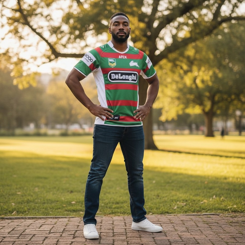 ISC South Sydney Rabbitohs NRL Jersey Green Red Striped DeLonghi Mens Medium